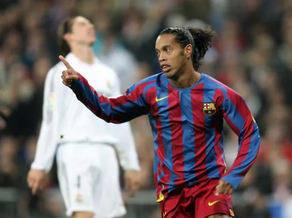 Barcelona's Ronaldinho celebrates goal against Real Madrid during Spanish first division soccer match in Madrid