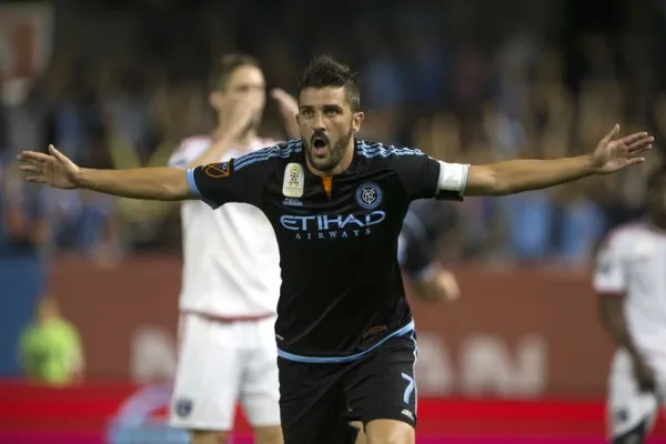 Sep 19, 2015; New York, NY, USA; New York City FC forward David Villa (7) reacts after scoring a goal against San Jose Earthquakes during second half at Yankee Stadium. Mandatory Credit: Noah K. Murray-USA TODAY Sports