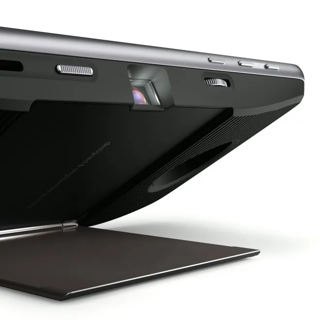 Closeup of Moto Insta Share Projector to show projector and kickstand