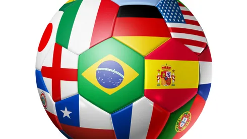 3D football soccer ball with world teams flags. brazil world cup 2014. Isolated on white with clipping path