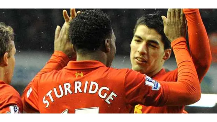 Pic Colin Lane. Liverpool vs Norwich City at Anfield. Goal Three from Daniel Sturridge after his tap in to make it three nil & celebrates with teammates Suarez