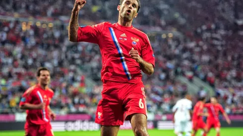 WROCLAW, POLAND - JUNE 08: Roman Shirokov of Russia celebrates scoring their second goal during the UEFA EURO 2012 group A match between Russia and Czech Republic at The Municipal Stadium on June 8, 2012 in Wroclaw, Poland. (Photo by Jamie McDonald/Getty Images)