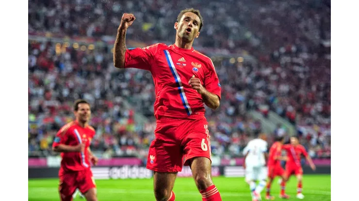 WROCLAW, POLAND – JUNE 08: Roman Shirokov of Russia celebrates scoring their second goal during the UEFA EURO 2012 group A match between Russia and Czech Republic at The Municipal Stadium on June 8, 2012 in Wroclaw, Poland. (Photo by Jamie McDonald/Getty Images)