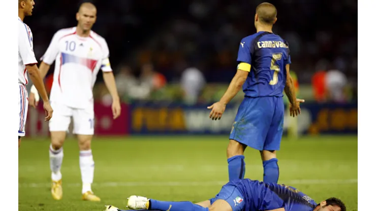 BERLIN – JULY 09: Fabio Cannavaro (R) of Italy gestures towards Zinedine Zidane #10 (L) of France, whilst Marco Materazzi of Italy lies injured, after being headbutted in the chest by Zinedine Zidane of France during the FIFA World Cup Germany 2006 Final match between Italy and France at the Olympic Stadium on July 9, […]
