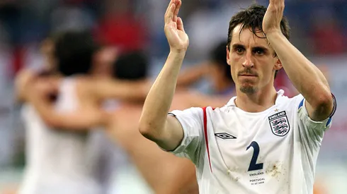 Gelsenkirchen, GERMANY: English defender Gary Neville acknowledges the applause at the end of the World Cup 2006 quarter-final football game England vs. Portugal, 01 July 2006 at Gelsenkirchen stadium. Portugal won 3-1 on penalties. AFP PHOTO / DDP / VOLKER HARTMANN (Photo credit should read VOLKER HARTMANN/AFP/Getty Images)