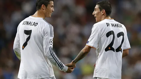 Real's Angel Di Maria, right is congratulated by Real's Cristiano Ronaldo after he scored during the Champions League group B soccer match between Real Madrid and FC Copenhagen at the Santiago Bernabeu stadium in Madrid, Wednesday, Oct. 2, 2013. (AP Photo/Daniel Ochoa de Olza)