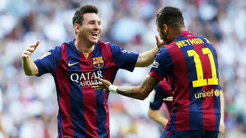 MADRID, SPAIN - OCTOBER 25: Lionel Messi and Neymar of FC Barcelona celebrate the first goal during the la Liga match between Real Madrid CF and FC Barcelona at Estadio Santiago Bernabeu on October 25, 2014 in Madrid, Spain. (Photo by Miguel Ruiz/FC Barcelona via Getty Images)