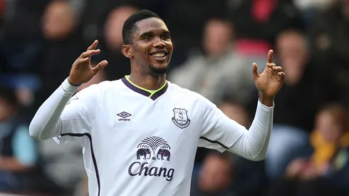 26 October 2014 Premier League Football : Burnley v Everton; Samuel Eto'o celebrates after scoring the third goal for Everton. Photo: Mark Leech.