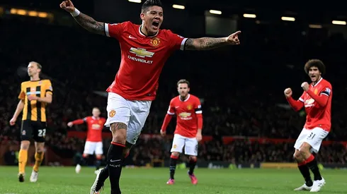 3rd February 2015 - FA Cup - 4th Round Replay - Manchester United v Cambridge United - Marcos Rojo of Man Utd celebrates after scoring their 2nd goal - Photo: Simon Stacpoole / Offside.