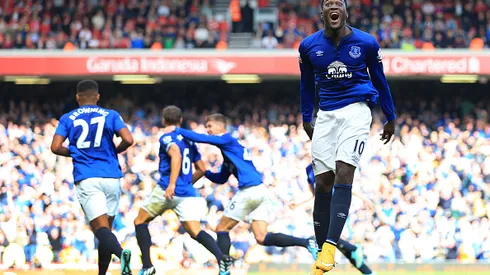 LIVERPOOL, ENGLAND - SEPTEMBER 27: Romelu Lukaku of Everton celebrates their late equaliser during the Barclays Premier League match between Liverpool and Everton at Anfield on September 27, 2014 in Liverpool, England. (Photo by Simon Stacpoole/Mark Leech Sports Photography/Getty Images)