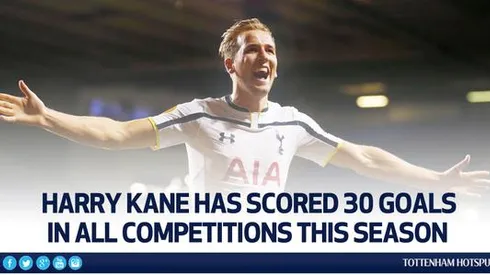 Kane is first Spurs striker since Lineker to reach 30 goals in season