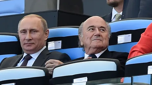 July 13, 2014; Rio de Janeiro, BRAZIL; Russian president Vladimir Putin and FIFA president Joseph Blatter in the stands before the championship match of the 2014 World Cup between the Argentina and the Germany at Maracana Stadium. Mandatory Credit: Tim Groothuis/Witters Sport via USA TODAY Sports