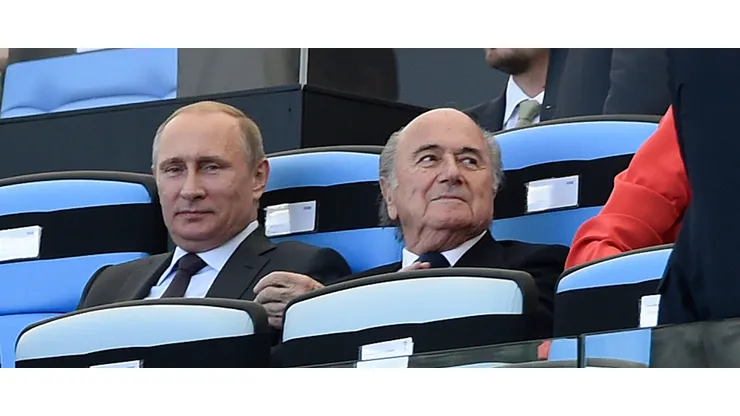 July 13, 2014; Rio de Janeiro, BRAZIL; Russian president Vladimir Putin and FIFA president Joseph Blatter in the stands before the championship match of the 2014 World Cup between the Argentina and the Germany at Maracana Stadium. Mandatory Credit: Tim Groothuis/Witters Sport via USA TODAY Sports