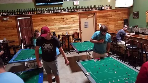 Rolling back the years by playing Subbuteo at a brewery