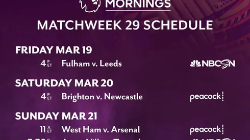 EPL commentator assignments on NBC Sports, gameweek 29