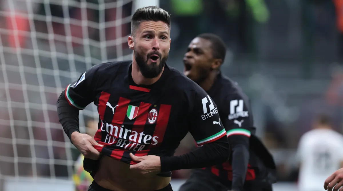 Giroux celebrates during Milan’s win vis Spezia – but his shirt removal also saw him removed from the match.