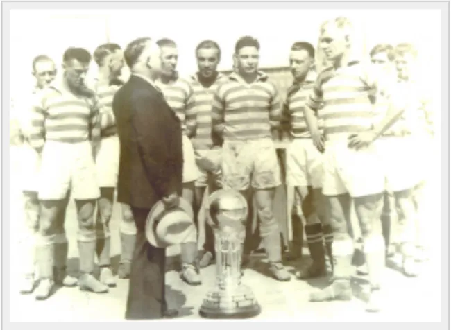 The Fall River Marksmen, seen here in 1930 with the Dewar Trophy (National Challenge Cup), were one of the most successful soccer clubs of the early 20th century. Photo: thecup.us