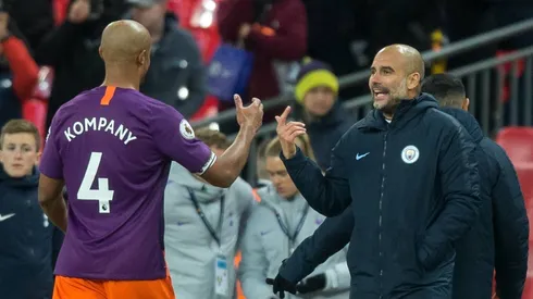 Man City Manager Pep Guardiola & Vincent Kompany of Man City during the Premier League match between Tottenham Hotspur and Manchester City at Wembley Stadium, London, England on 29 October 2018. PUBLICATIONxNOTxINxUK Copyright: xAndyxRowlandx PMI-2357-0027