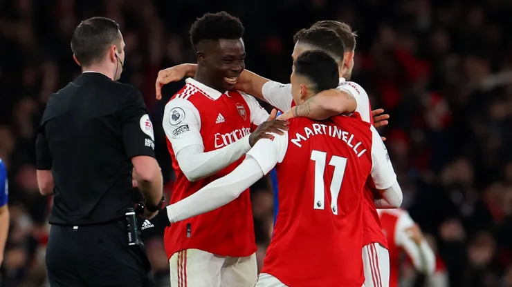 1st March 2023 Emirates Stadium, London, England Premier League Football, Arsenal versus Everton Gabriel Martinelli of Arsenal celebrates after he scores with Bukayo Saka for 2-0 in the 45th minute PUBLICATIONxNOTxINxUK ActionPlus12482393 ShaunxBrooks