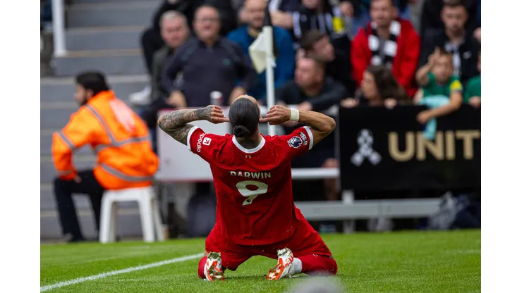 Football – FA Premier League – Newcastle United FC v Liverpool FC NEWCASTLE-UPON-TYNE, ENGLAND – Sunday, August 27, 2023: Liverpool s Darwin Nunez celebrates after scoring the first equalising goal during the FA Premier League match between Newcastle United FC and Liverpool FC at St James Park. NEWCASTLE-UPON-TYNE St James Park TYNE AND WEAR ENGLAND PUBLICATIONxNOTxINxUK Copyright: xDavidxRawcliffex P2023-08-27-Newcastle_Liverpool-70