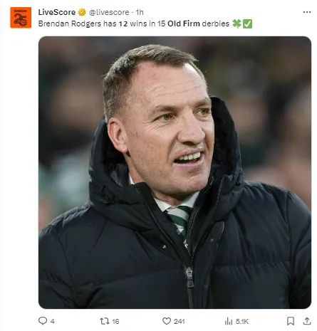 Brendan Rodgers has a great record in the Old Firm Derby