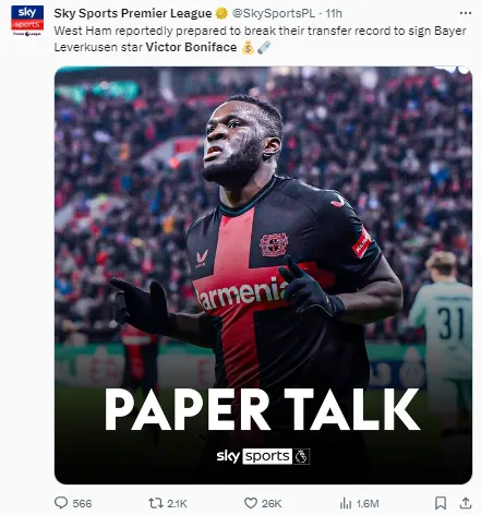 Rumors continue that Victor Boniface is moving to the Premier League