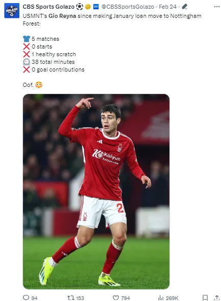 Reyna has struggled to get playing time during his loan at Nottingham Forest