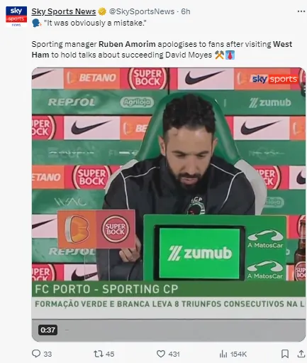 Amorim was criticised for meeting West Ham