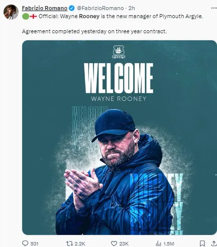 Rooney has been confirmed as Plymouth manager