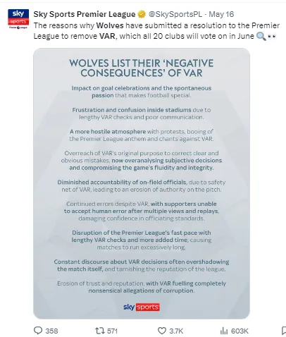 The reasons Wolves propose scrapping VAR