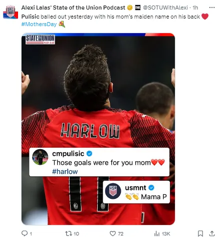 Pulisic wore a shirt bearing his mother’s maiden name for Mother’s day