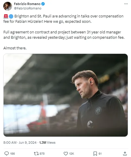 Fabrizio Romano is reporting that Brighton are on the brink of making Fabian Hurzeler manager.