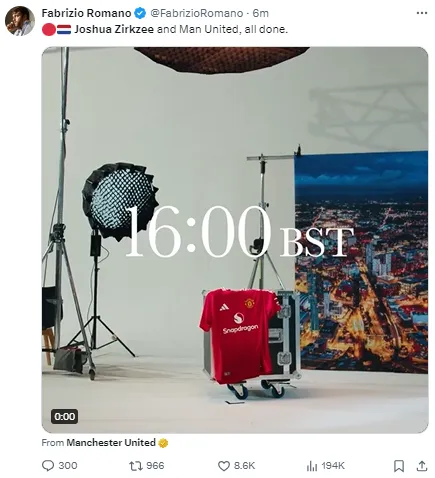 The transfer of Joshua Zirkee to Manchester United is about to be confirmed.