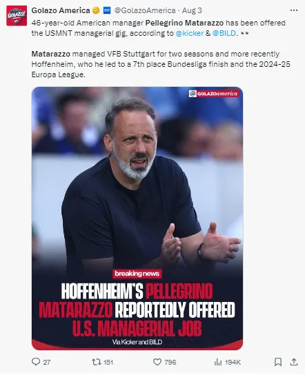 Pellegrino Matarazzo has reportedly been offered the USMNT job.