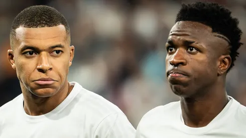 Kylian MBAPPE of Real Madrid and Vinicius Junior (Jr) of Real Madrid during the UEFA Champions League, League Phase MD4 match between Real Madrid CF and AC Milan at Santiago Bernabeu Stadium on November 05, 2024 in Madrid, Spain.