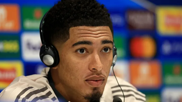 Jude Bellingham of Real Madrid speaks to the media during the UEFA Champions League 2024/25 League Phase MD5 training and press conference at Anfield on November 26, 2024 in Liverpool, England.