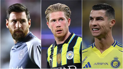 Lionel Messi (left), Kevin De Bruyne (center), and Cristiano Ronaldo (right)