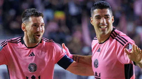 March 13, 2024, Fort Lauderdale, Florida, USA: Lionel Messi 10 of the Inter Miami celebrates a goal with Luis Suarez 9 during the Round of 16 Champions Cup game against Nashville SC on Wednesday March 13, 2024 at the Chase Stadium in Fort Lauderdale, Florida.