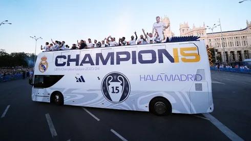 The Real Madrid team bus drives through the city during the Real Madrid UEFA Champions League Trophy Parade following their victory over Borussia Dortmund in the UEFA Champions League Final on June 02, 2024 in Madrid, Spain.