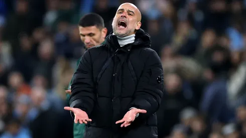 Pep Guardiola, Manager of Manchester City, reacts during the UEFA Champions League 2024/25 League Phase MD5 match between Manchester City and Feyenoord at City of Manchester Stadium on November 26, 2024 in Manchester, England.