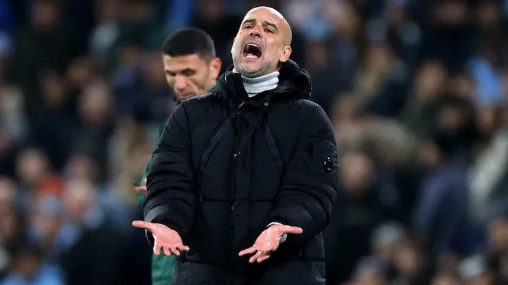 Pep Guardiola, Manager of Manchester City, reacts during the UEFA Champions League 2024/25 League Phase MD5 match between Manchester City and Feyenoord at City of Manchester Stadium on November 26, 2024 in Manchester, England.