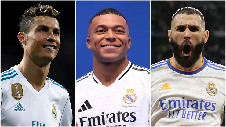 Cristiano Ronaldo (left), Kylian Mbappe (center), and Karim Benzema (right)