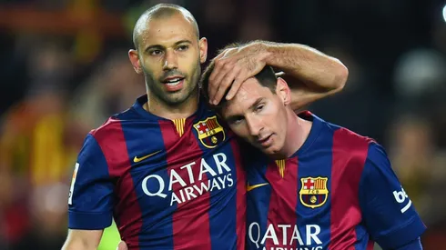 Javier Mascherano and Lionel Messi of Barcelona celebrate victory after the La Liga match between FC Barcelona and Real Madrid CF at Camp Nou on March 22, 2015 in Barcelona, Spain.