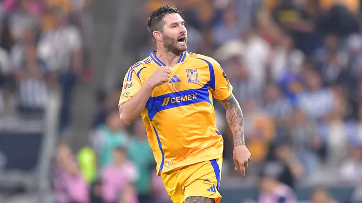 Andre-Pierre Gignac of Tigres celebrates after scoring the team's second goal via penalty during the 12th round match between Monterrey and Tigres UANL.