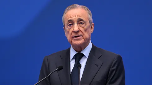 Florentino Perez Rodriguez, President of Real Madrid speaks as Real Madrid new signing, Kylian Mbappe is unveiled at Estadio Santiago Bernabeu on July 16, 2024 in Madrid, Spain.
