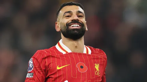 Mohamed Salah of Liverpool reacts during the Premier League match between Liverpool FC and Aston Villa FC at Anfield on November 09, 2024 in Liverpool, England.