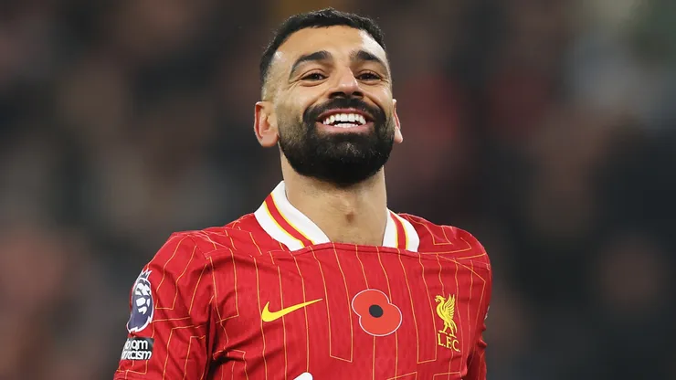 Mohamed Salah of Liverpool reacts during the Premier League match between Liverpool FC and Aston Villa FC at Anfield on November 09, 2024 in Liverpool, England.