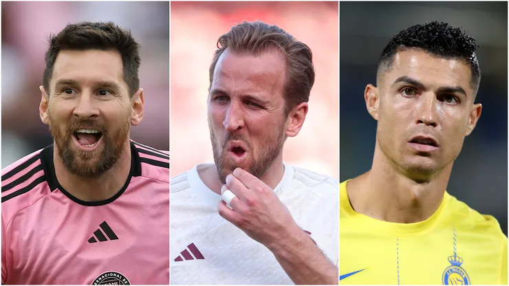 Lionel Messi (left0, Harry Kane (center), and Cristiano Ronaldo (right)
