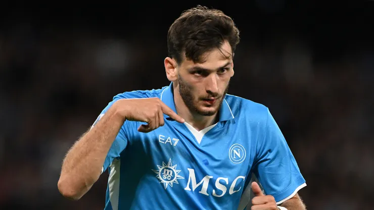Khvicha Kvaratskhelia of SSC Napoli celebrates after scoring his sides second goal during the Serie A match between Napoli and Monza at Stadio Diego Armando Maradona on September 29, 2024 in Naples, Italy.