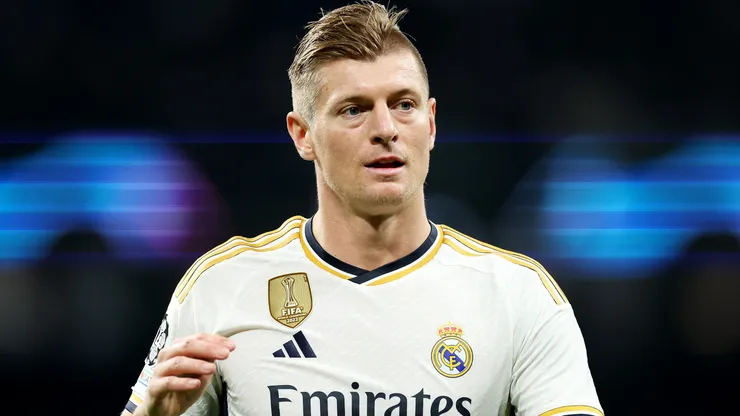 Toni Kroos of Real Madrid reacts during the UEFA Champions League match between Real Madrid and SSC Napoli at Estadio Santiago Bernabeu on November 29, 2023 in Madrid, Spain.